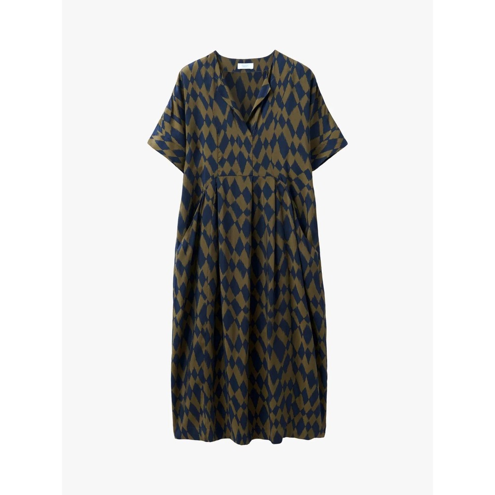 TOAST Harlequin Print Midi Dress Navy Olive Green Kaftan Size UK 12 US 8